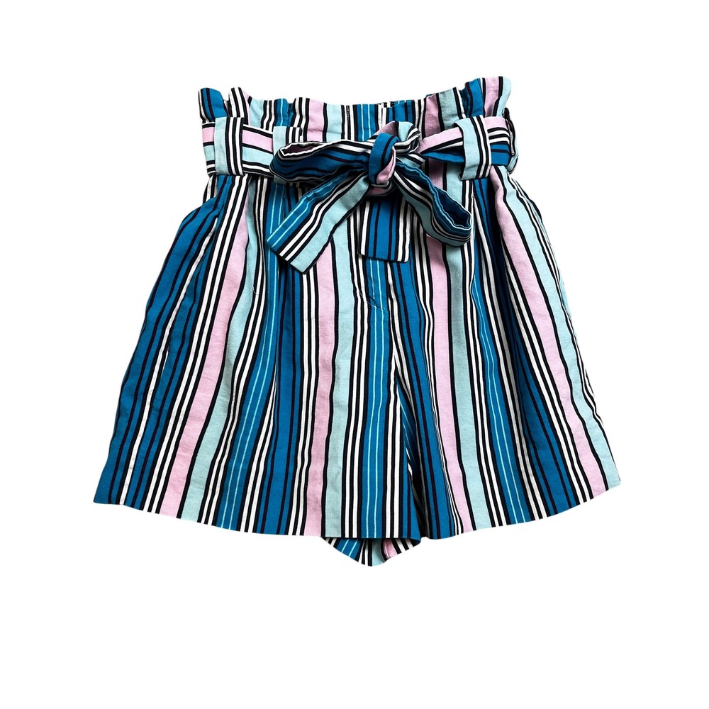Marie Oliver Womens Blue Pink Striped Paperbag Waist Shorts 2 Resortwear Coastal - Picture 2 of 8